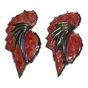 0015 Vintage Gold Toned Enamel Swirl Leaf Earrings -Unique Studs!